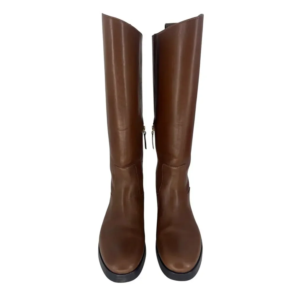 Tory Burch Riding‎ Logo Embossed Leather Knee High Boots Brown 10.5